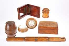 TREEN: A COLLECTION OF TREEN, including a Victorian walnut box with pin-cushion lid, a barrel-form