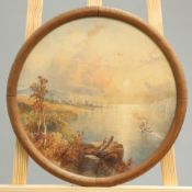 ~ THOMAS CHARLES LEESON ROWBOTHAM (1823-1875), STEAMBOAT ON A LAKE, signed, circular watercolour, in