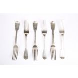 ~ A SET OF SIX GEORGE III SILVER TABLE FORKS, by William Chawner II, London 1818, Fiddle pattern,