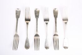 ~ A SET OF SIX GEORGE III SILVER TABLE FORKS, by William Chawner II, London 1818, Fiddle pattern,