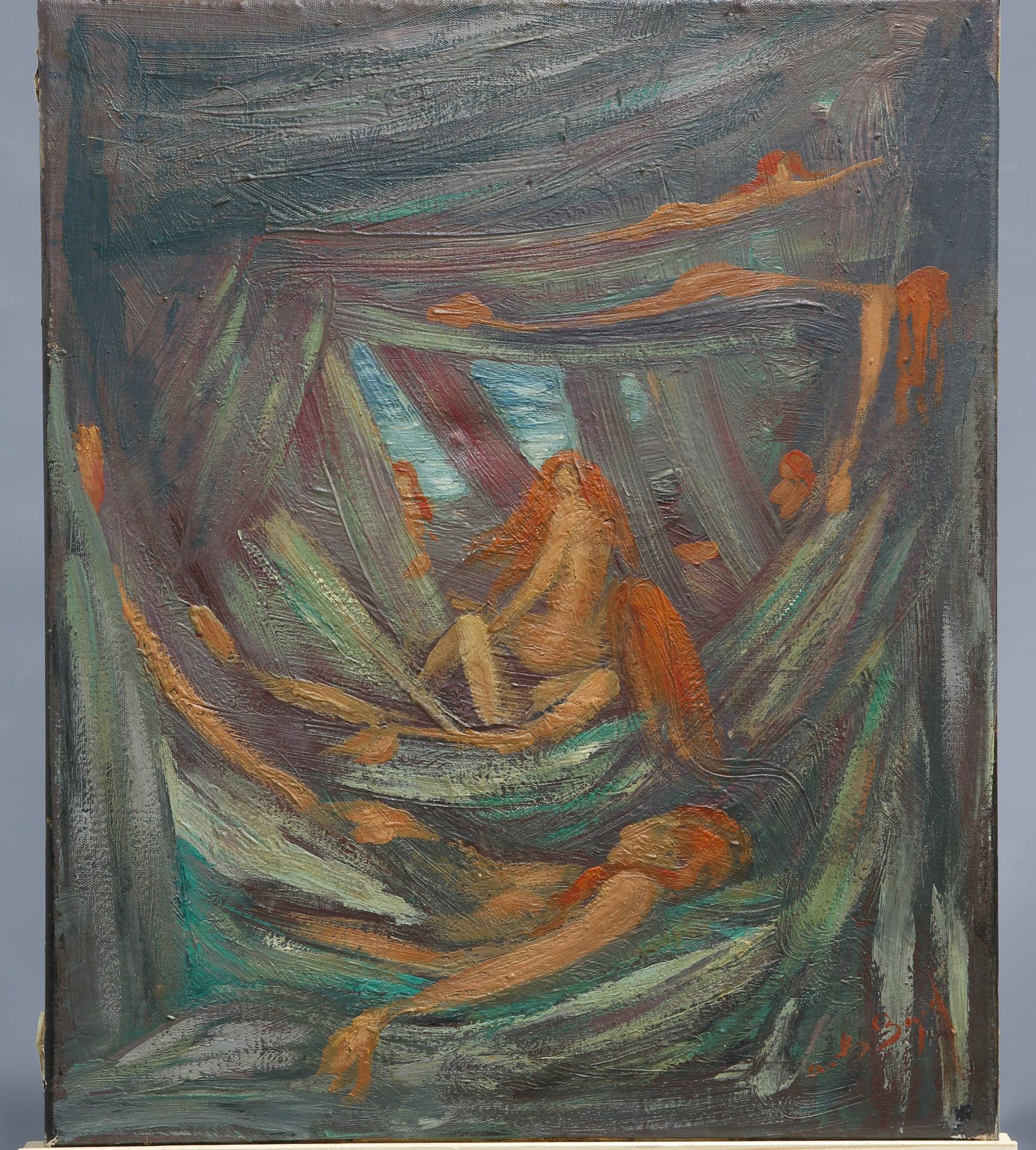 FOLLOWER OF ARTHUR BOYD (1920-1999), FIGURES IN WOODLAND, bear signature lower right, oil on canvas.