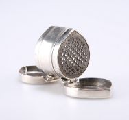 AN UNUSUAL SILVER NUTMEG GRATER, EARLY 19TH CENTURY, marks rubbed, of teardrop form with two