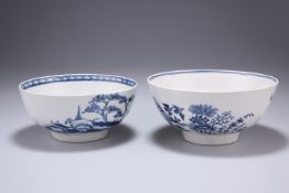 A WORCESTER BOWL, CIRCA 1755-80, circular, blue painted with the Cannonball pattern, open crescent