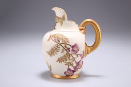 A ROYAL WORCESTER IVORY-GROUND FLATBACK JUG, with moulded handle, painted and gilded with flowers