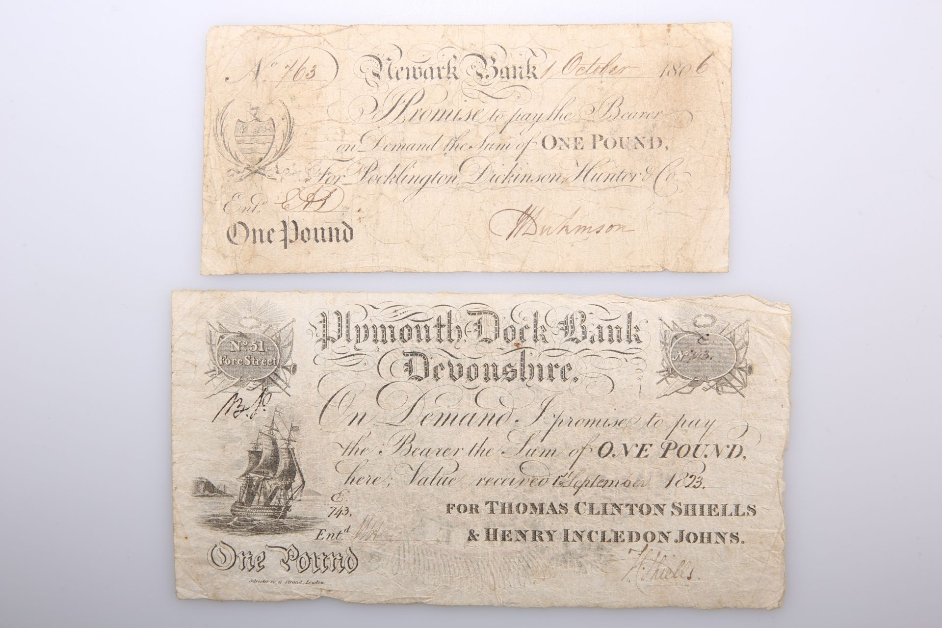 TWO 19TH CENTURY BANK NOTES, the first Plymouth Dock Bank, Devonshire, One Pound, 1st September