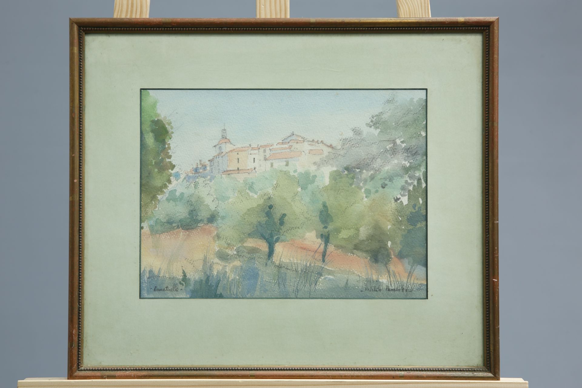 ~ ROLAND BATCHELOR (1889-1990), "BONJOUR MARCEL", signed lower right, watercolour, framed,16.5cm - Bild 2 aus 2