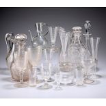A LARGE COLLECTION OF 18TH CENTURY AND LATER GLASS, including etched glass goblet with faceted