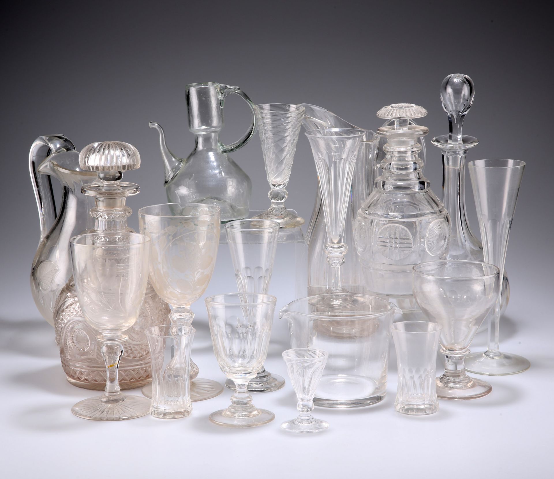 A LARGE COLLECTION OF 18TH CENTURY AND LATER GLASS, including etched glass goblet with faceted