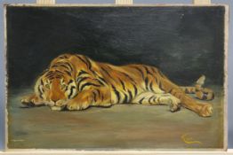 AFTER NETTLESHIP, TIGER, bears monogram and dated 1893 lower right, oil on card. 29cm by 44cm