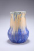 A RUSKIN CRYSTALLINE VASE, CIRCA 1930'S, with blue, turquoise and caramel snowflake glaze, impressed