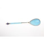 A RUSSIAN SILVER AND ENAMEL SPOON, Moscow, the bowl and stem with light blue enamel, the bowl picked
