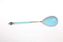 A RUSSIAN SILVER AND ENAMEL SPOON, Moscow, the bowl and stem with light blue enamel, the bowl picked