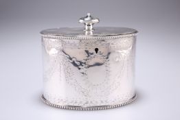 A VICTORIAN SILVER OVAL TEA CADDY, by Robert Harper, London 1866, of oval form with hinged lid and