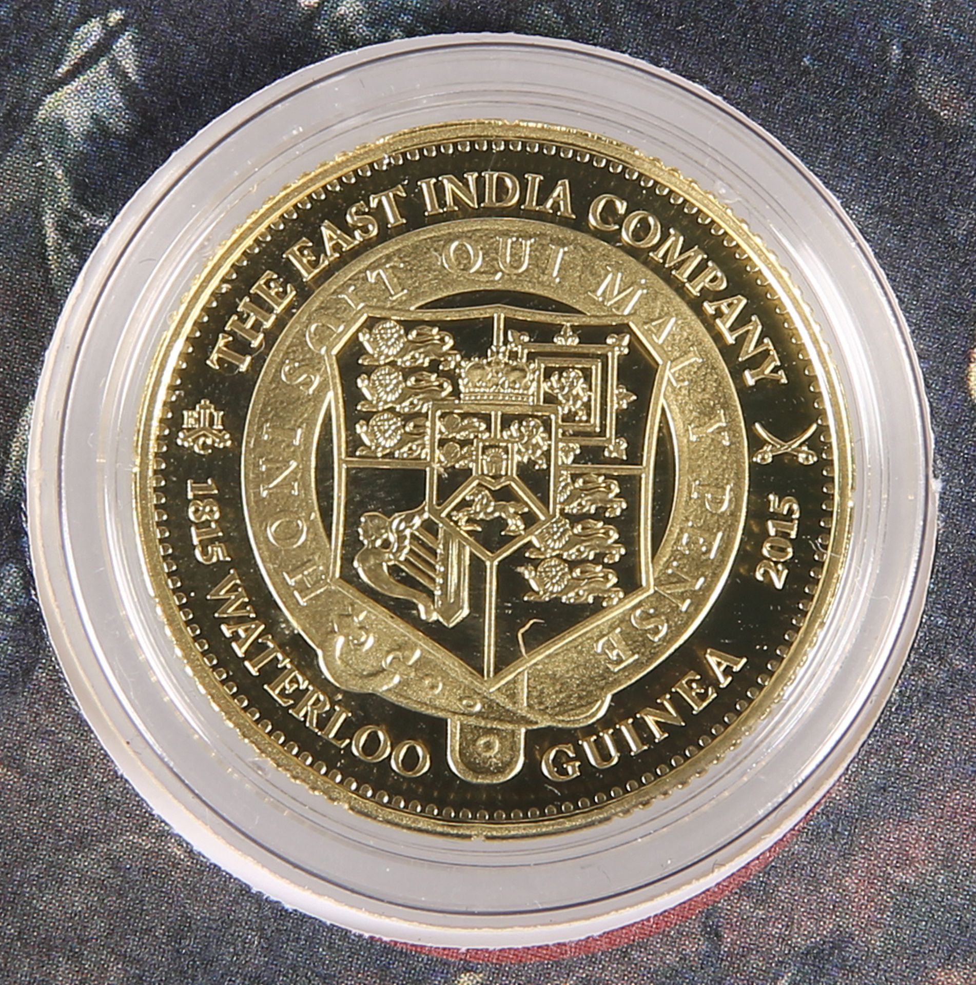 A LONDON MINT GOLD PROOF COIN, "THE 2015 EAST INDIA COMPANY WATERLOO GUINEA", 1.05 denomination,