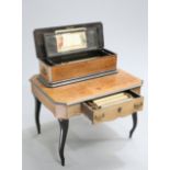 ~ A 19TH CENTURY INLAID ROSEWOOD MUSIC BOX ON TABLE, the music box with 14-inch cylinder, signed J.