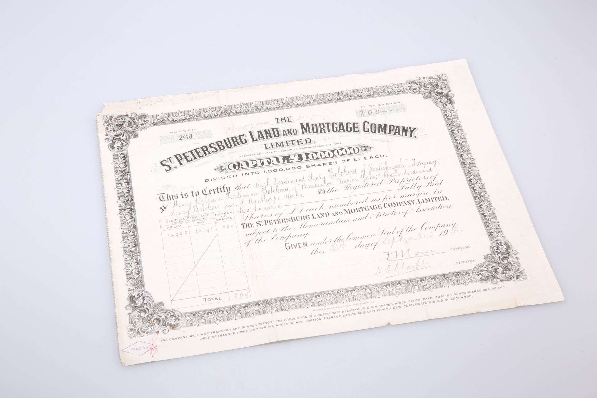A ST. PETERSBURG LAND AND MORTGAGE COMPANY SHARE CERTIFICATE, for Carl, Henry and Charles Bolckow,
