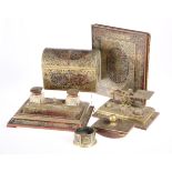 ~ A COLLECTION OF 19TH CENTURY 'BOULLE' DESK PIECES, comprising a domed stationery box, signed
