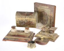 ~ A COLLECTION OF 19TH CENTURY 'BOULLE' DESK PIECES, comprising a domed stationery box, signed