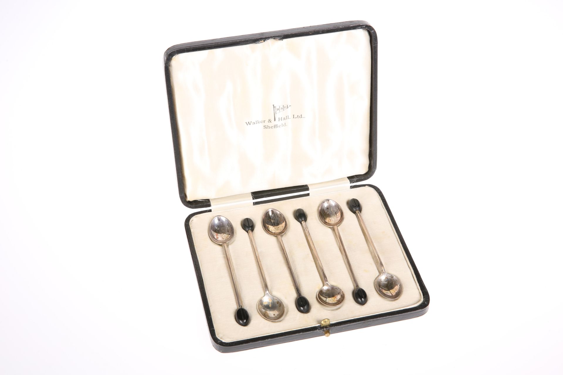 A CASED SET OF SIX ART DECO COFFEE SPOONS, by Walker & Hall, Sheffield 1923, with plastic coffee