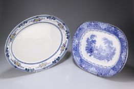 A DOULTON BLUE AND WHITE 'WATTEAU' MEAT DISH, 38cm by 30.5cm; together with A TRANSFER-PRINTED