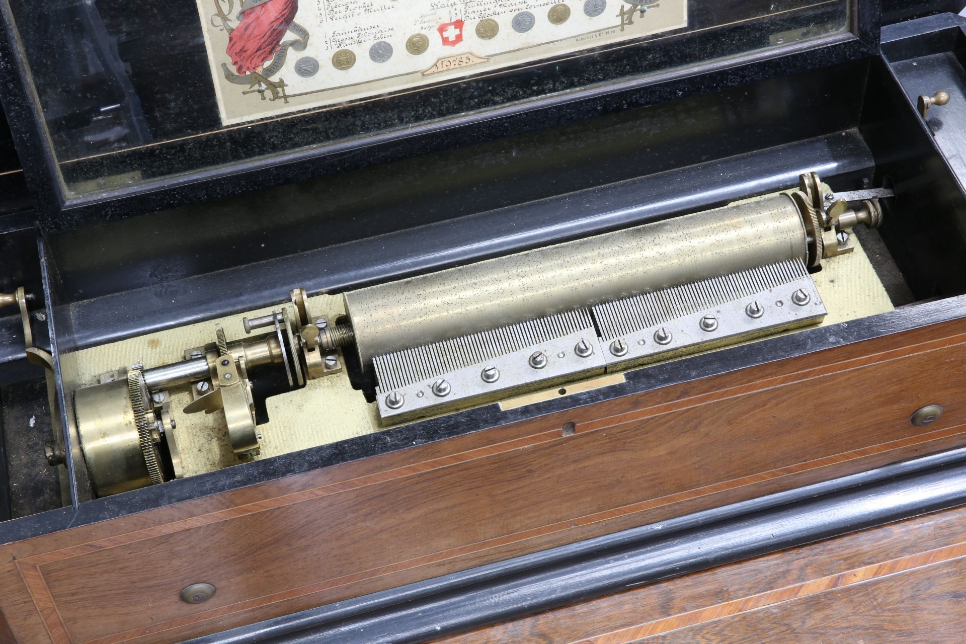 ~ A 19TH CENTURY INLAID ROSEWOOD MUSIC BOX ON TABLE, the music box with 14-inch cylinder, signed J. - Bild 3 aus 14