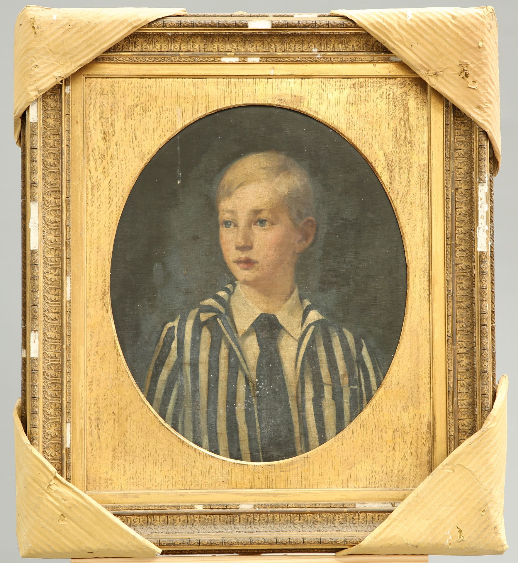 ~ ENGLISH SCHOOL, PORTRAIT OF A BOY IN A STRIPY JACKET, PROBABLY LORD NORTH, oval, oil on canvas,