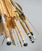 FISHING: four rods comprising A SPLIT CANE FLY ROD BY A E RUDGE & SON, RUDDICK, three pieces, 9' 6