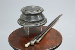 ~ A GROUP OF THREE ANTIQUE WHITE-METAL HANDLED CANES, one inscribed 'STATE OF BRUNEI POLICE';
