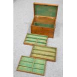 A VICTORIAN GOLDEN OAK SILVER CHEST, with three trays and brass handles. 46cm wide