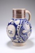 A WESTERWALD STONEWARE 'ROYAL' FLAGON, CIRCA 1720, with moulded "GR" cypher for George I beneath a
