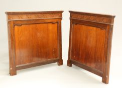 A PAIR OF CHIPPENDALE STYLE ROSEWOOD SINGLE BED HEADS, each with blind fretwork carved frieze. 103cm