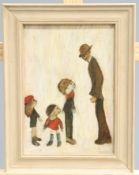 MANNER OF LAURENCE STEPHEN LOWRY (1887-1976), MAN AND CHILDREN, oil on board, sketch of a hound