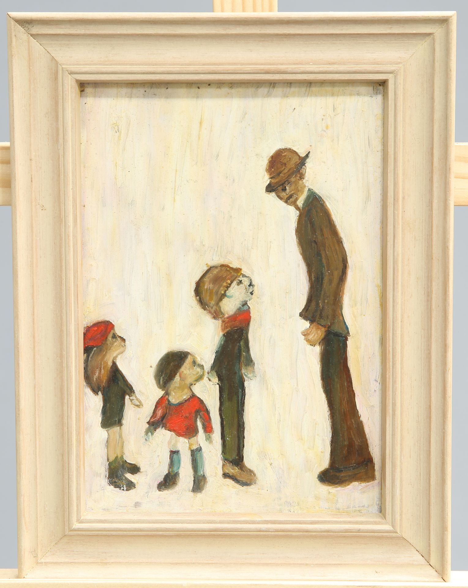 MANNER OF LAURENCE STEPHEN LOWRY (1887-1976), MAN AND CHILDREN, oil on board, sketch of a hound