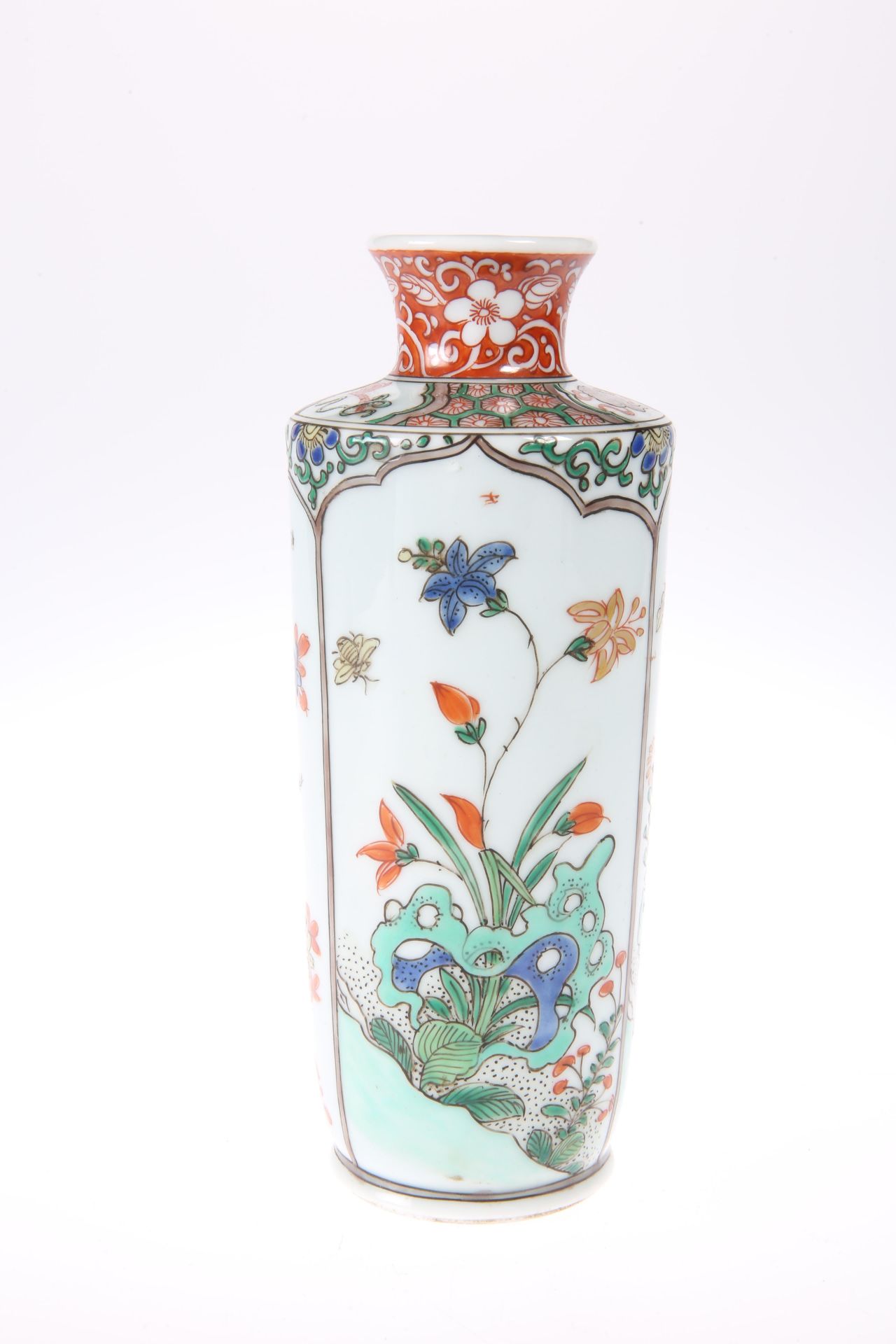 A CHINESE FAMILLE VERTE VASE, tapering cylindrical form with short neck to the shoulder, enamel