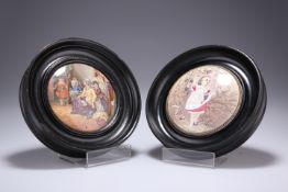 A PAIR OF VICTORIAN POT LIDS, "HIDE AND SEEK" AND "AUTUMN", in moulded circular frames. 16.5cm