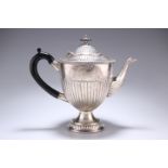 AN ELECTROPLATED COFFEE POT, half fluted urn-shaped body with gadroon border, scroll wood handle and