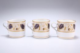THREE NEW HALL COFFEE CANS, CIRCA 1810, each decorated to pattern number 524 with oak leaves and