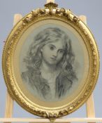 ENGLISH SCHOOL (19TH/20TH CENTURY), PORTRAIT OF A GIRL, oval, charcoal, in a gilt frame. 35cm by