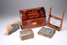 AN EDWARDIAN INLAID MAHOGANY LETTER RACK, with paterae inlay to the front, 24cm wide; together