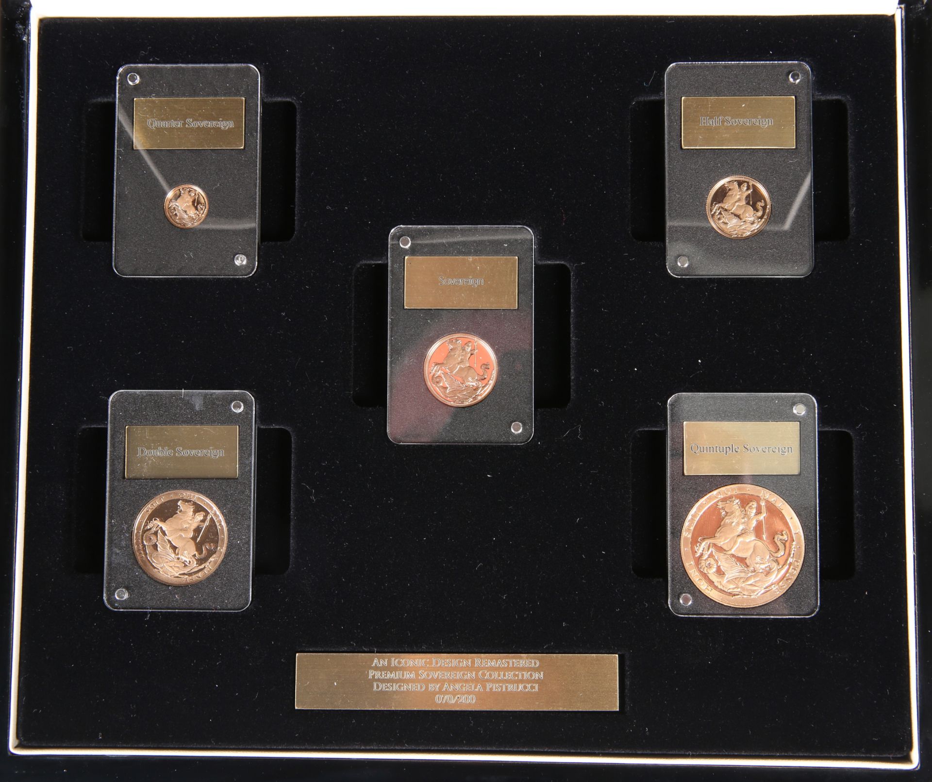 A FIVE COIN GOLD PROOF SOVEREIGN SET, "AN ICONIC DESIGN REMASTERED", designed by Angela Pistrucci,