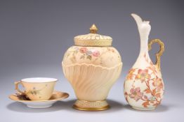 A ROYAL WORCESTER BLUSH IVORY POT POURRI VASE AND COVER, of wrythen moulded baluster form, painted