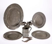 ~ THREE 18TH CENTURY PEWTER PLATES, touchmark of Hellier Perchard, engraved with a crest, each 24.