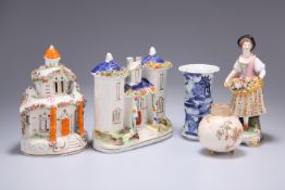 A GROUP OF CERAMICS, including a Stevenson & Hancock Derby figure, a Chinese blue and white vase,