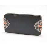 AN ART DECO ENAMEL, CORAL AND DIAMOND COMPACT, FRENCH IMPORT MARKS, rectangular with rounded