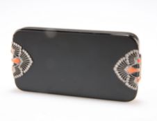 AN ART DECO ENAMEL, CORAL AND DIAMOND COMPACT, FRENCH IMPORT MARKS, rectangular with rounded