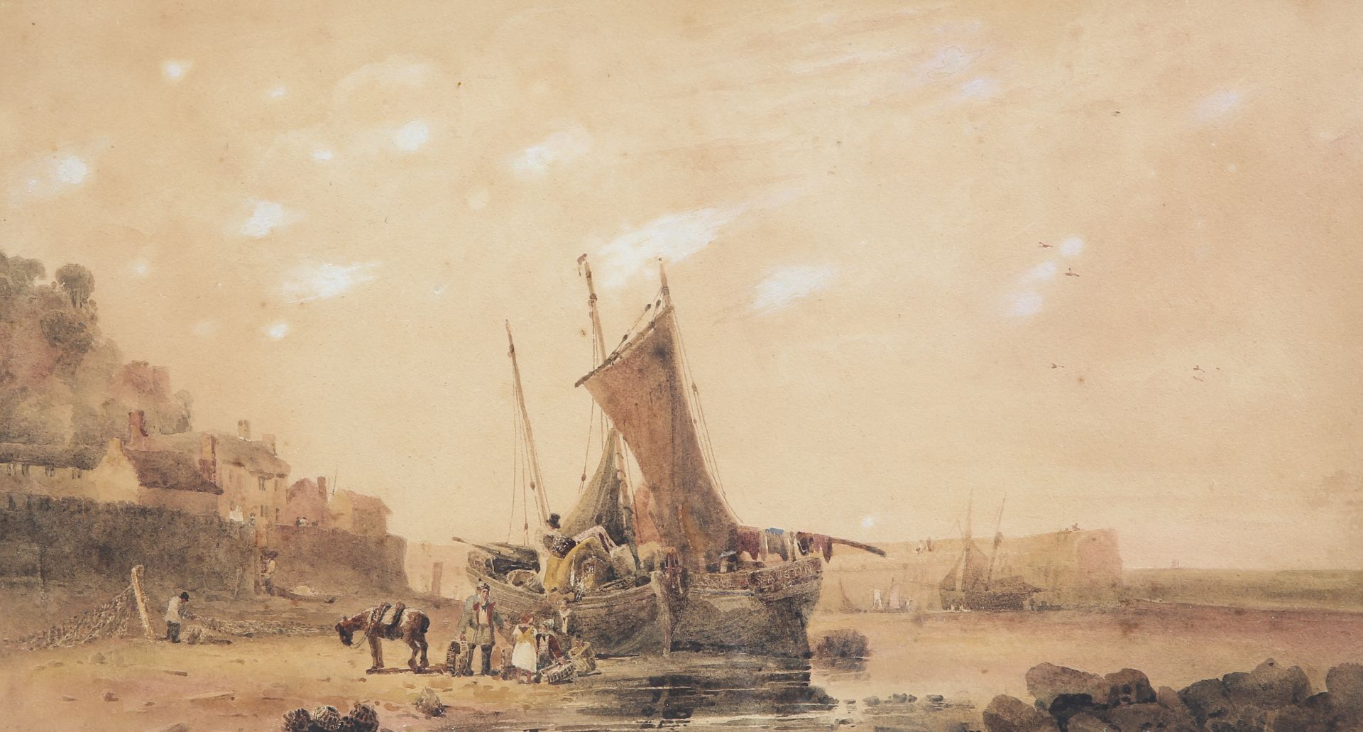 ENGLISH SCHOOL (19TH CENTURY), UNLOADING THE CATCH, watercolour, framed. 25cm by 45.5cmThe absence