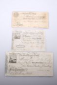 THREE 19TH CENTURY BANK NOTES, the first Kingsbridge Bank, Five Pounds, Nov 21st 1818, no. 517 for