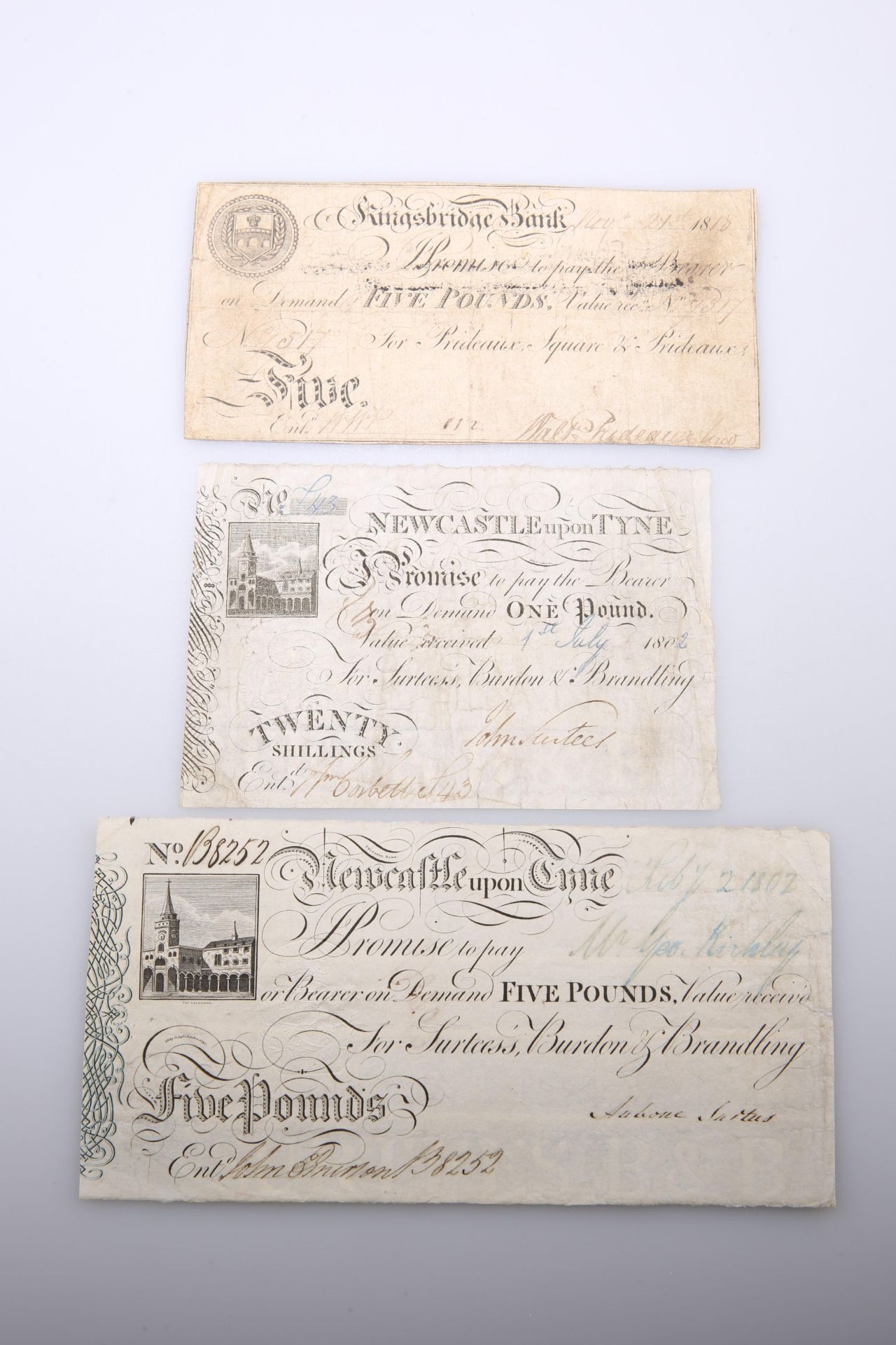 THREE 19TH CENTURY BANK NOTES, the first Kingsbridge Bank, Five Pounds, Nov 21st 1818, no. 517 for