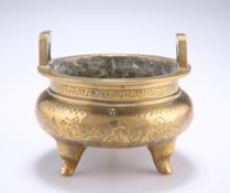 A CHINESE BRONZE CENSER, with tripod feet, decoration of flowerheads and birds, bears cast seal