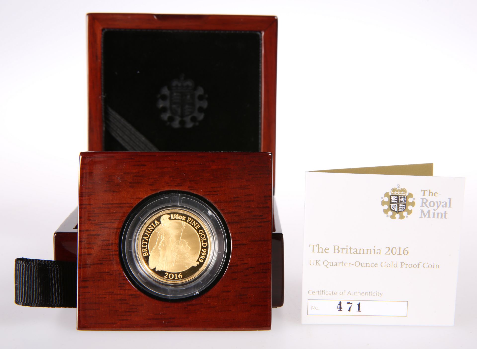 A ROYAL MINT QUARTER-OUNCE GOLD PROOF COIN, "THE BRITANNIA 2016", boxed with certificate.